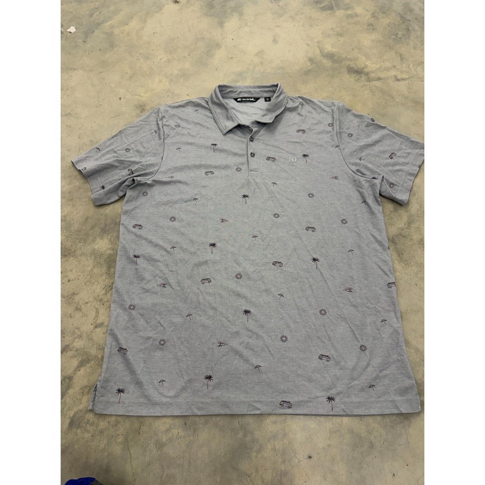 Travis Mathew Polo Shirt Mens 2XL Gray Tropical Palm Tree Print Performance Golf